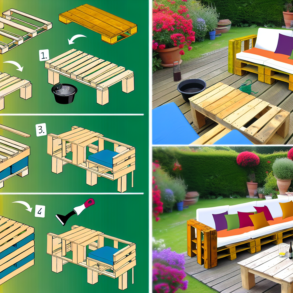 Gotowy narożnik z palet na tarasie w stylu boho z oświetleniem i roślinami