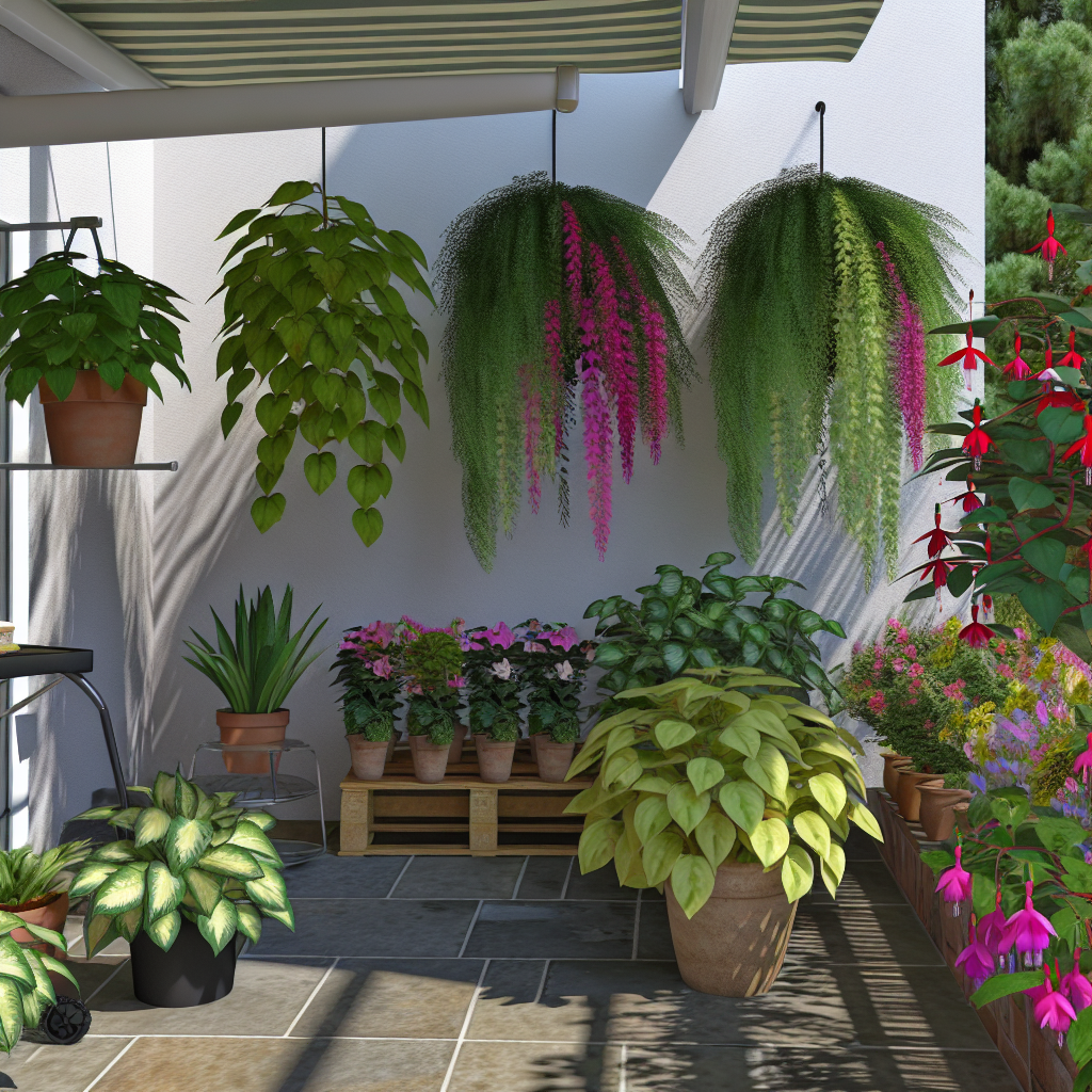 Zacieniony balkon pełen kwiatów - fuksje i begonie w donicach