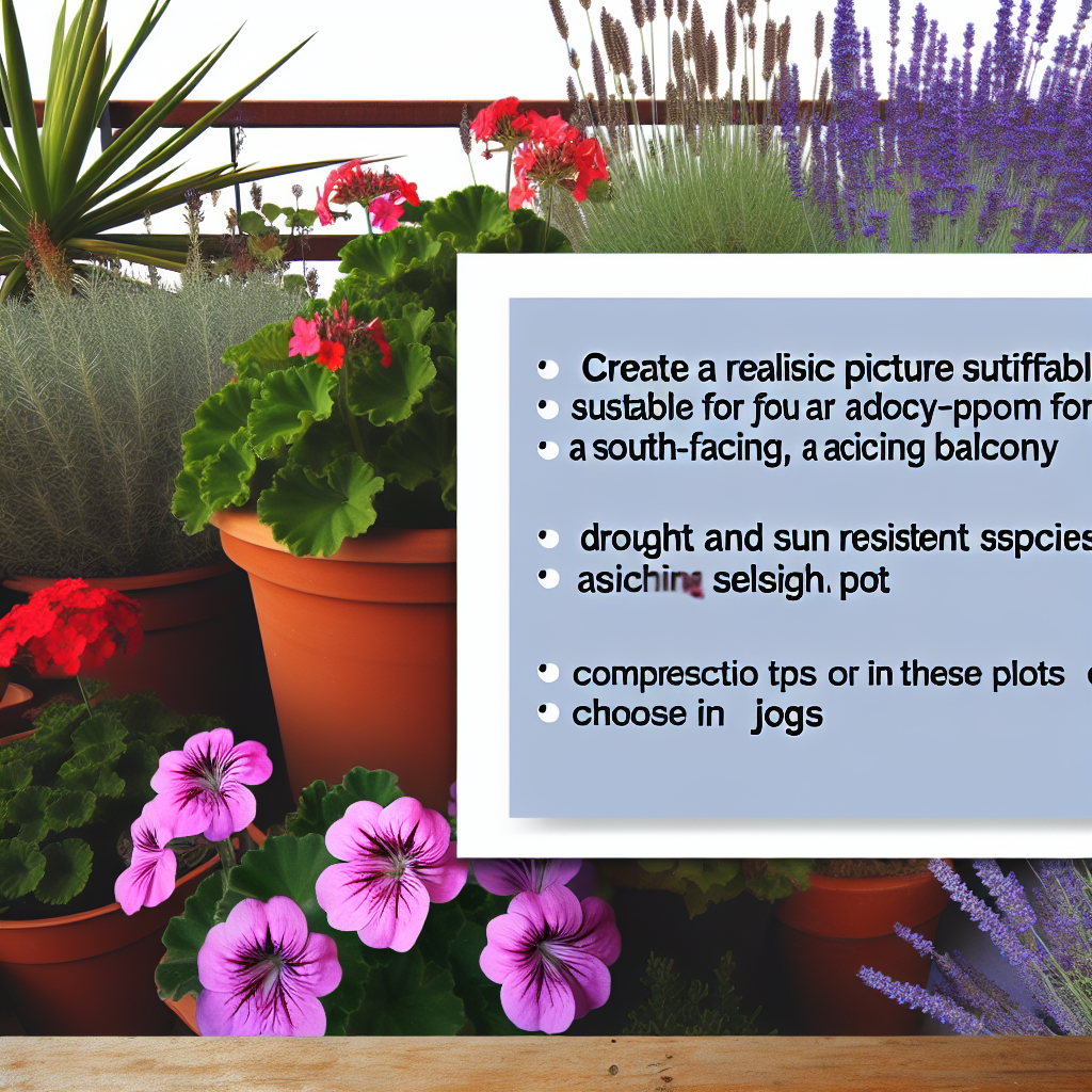 Piękny balkon południowy pełen kwitnących pelargonii i lawendy w pełnym słońcu