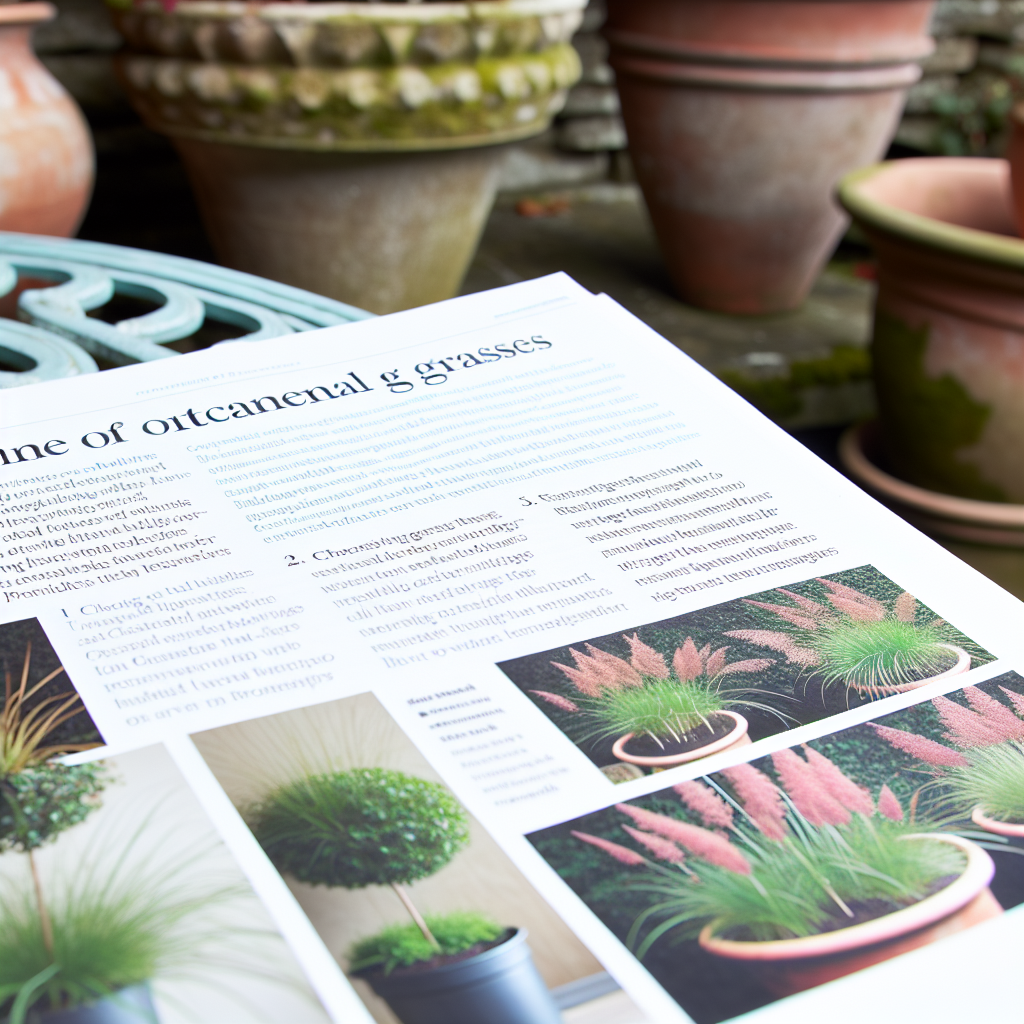 Nowoczesny taras z miskantami i rozplenicami w dużych betonowych donicach o zachodzie słońca