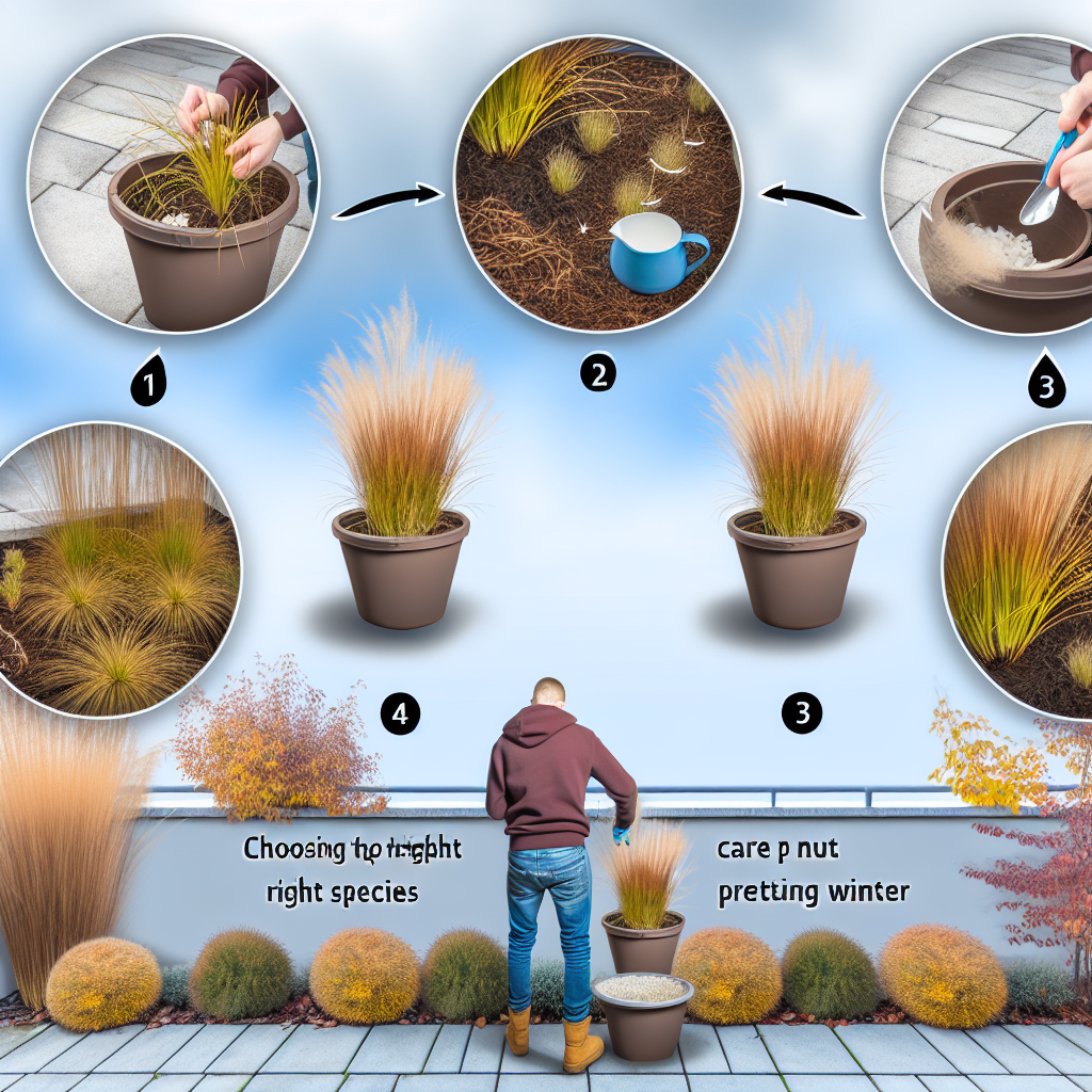 Zbliżenie na puszyste kwiatostany rozplenicy japońskiej i liście miskanta w donicy