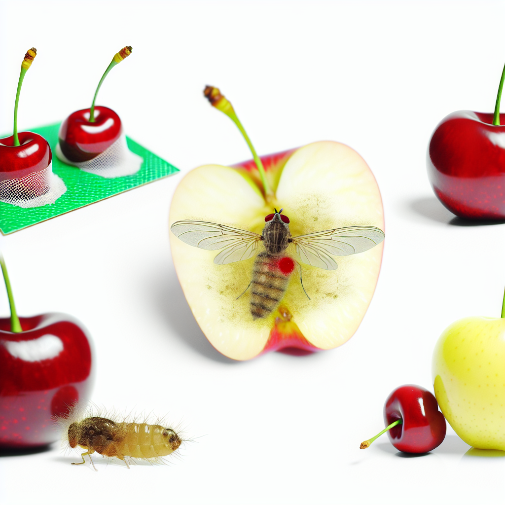 Dorosła postać nasionnicy trześniówki na liściu czereśni - Rhagoletis cerasi