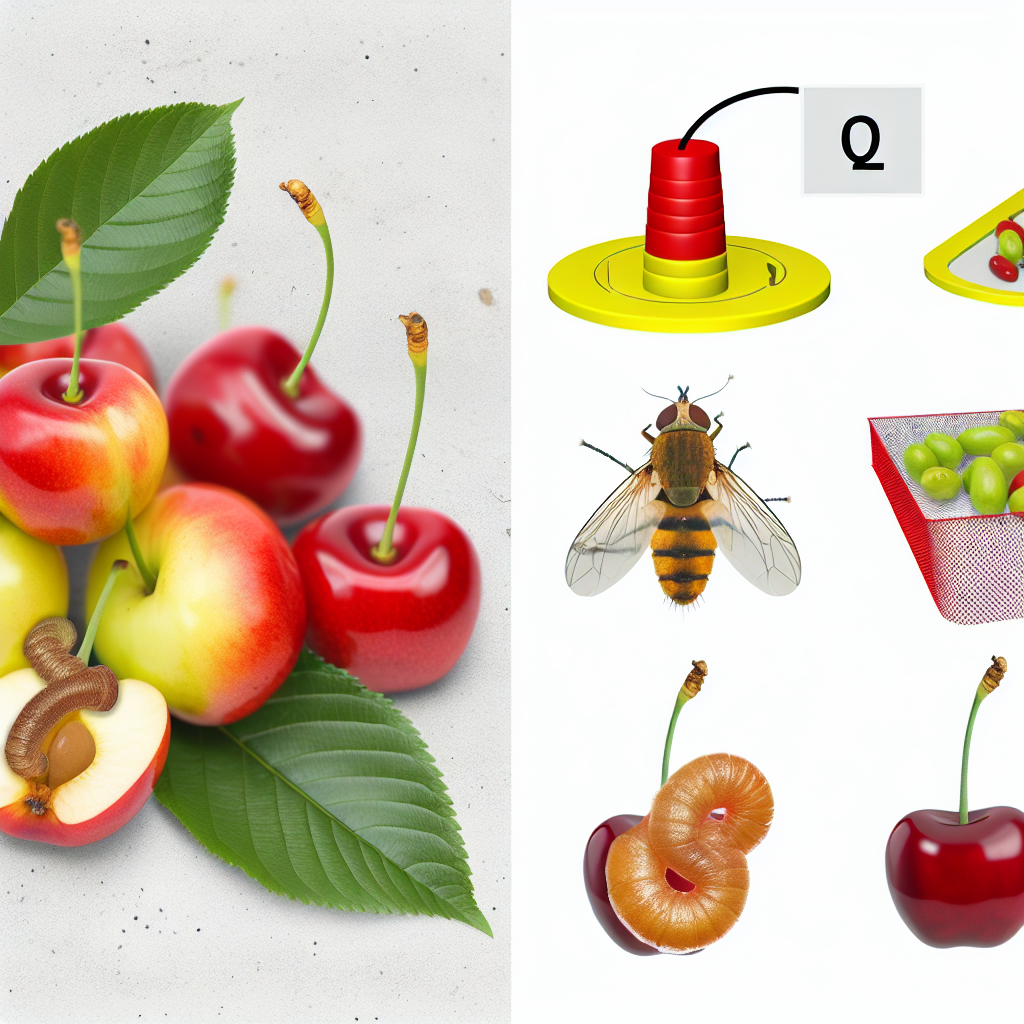 Żółte tablice lepowe zawieszone na drzewie czereśniowym do monitoringu szkodników